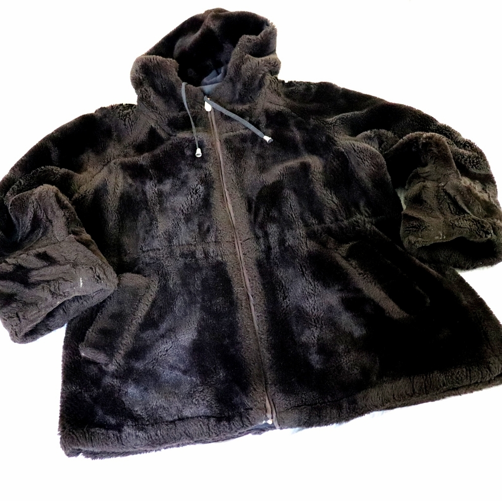 Oversize faux fur dark brown teddy coat with hood - Picture 2 of 10